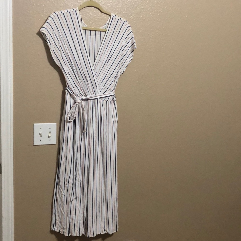 White with Red and Blue pinstripe Capri Romper